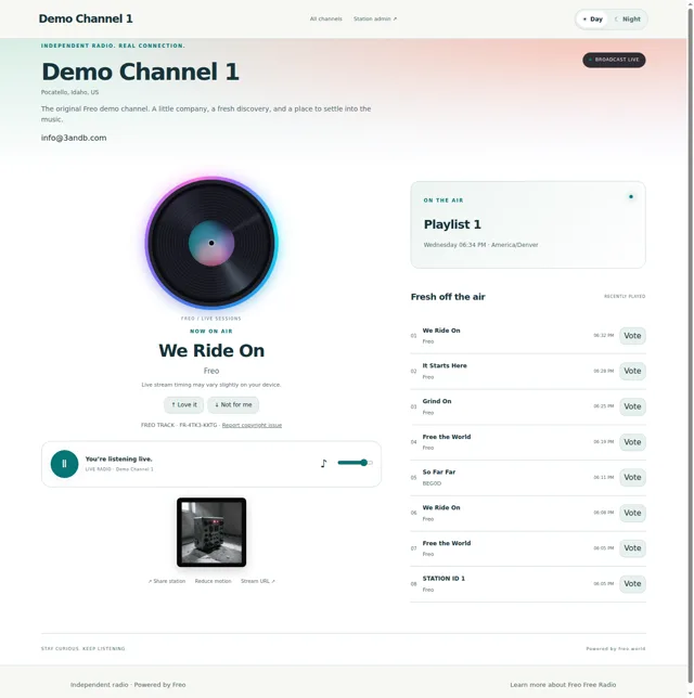 Your channel, playing beautifully — The current public player with record artwork and browser playback controls.