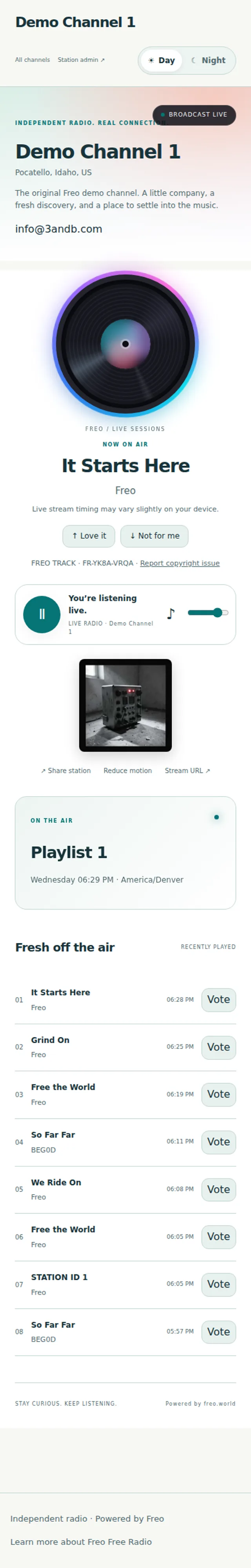 Take the station with you — The same channel player captured at a 390-pixel mobile width.