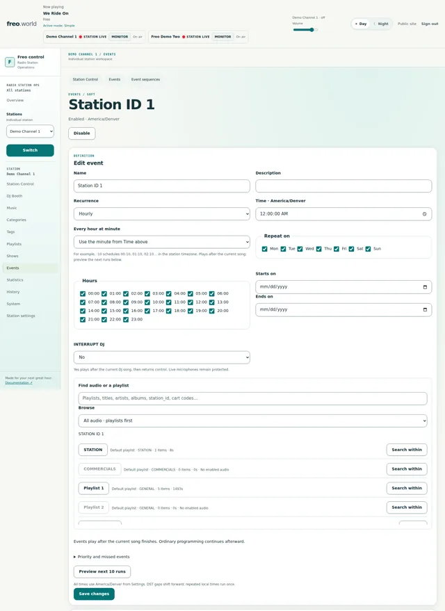 Give station audio its moment — An existing hourly station-ID event, with recurrence, audio selection and INTERRUPT DJ set to No.