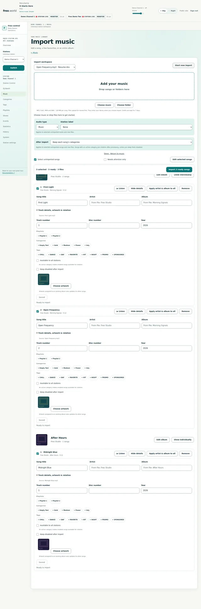 The complete import workspace — Explore the full saved review workspace, including album groups and individual track details.