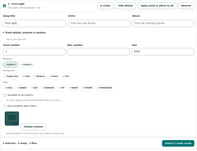 Get the details right — Review artwork, edit track details and choose playlists before importing.