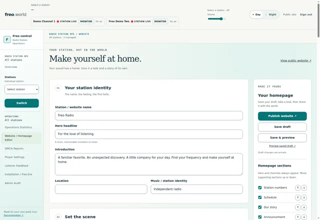 Make room for your story — The website editor with station identity, private-draft and publication controls.