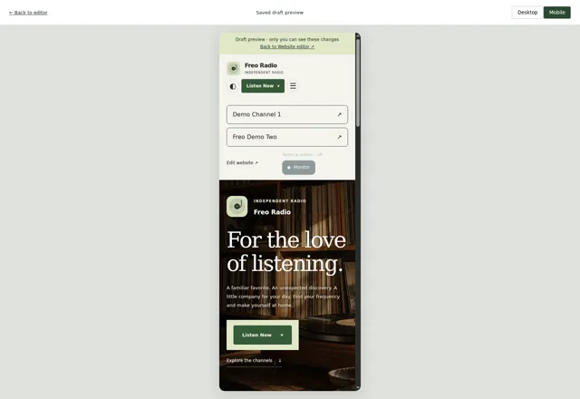 See the smaller screen — The editor’s mobile preview frame, shown inside a desktop workspace.