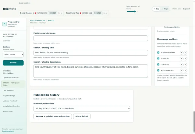 Return to a published version — Publication history with restoration and draft-discard controls.