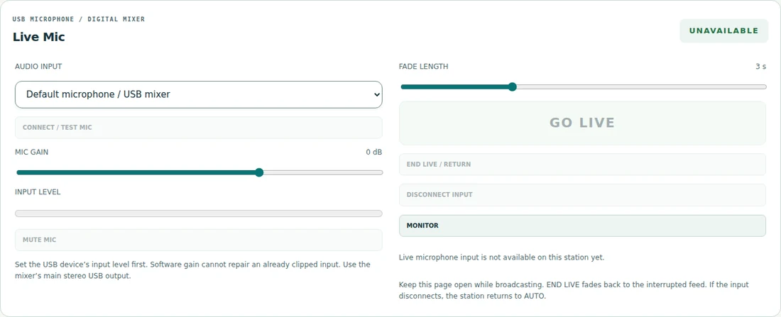 Bring your voice on air — The Live Mic console, shown off air. Requires the optional gateway and working WebRTC connectivity.