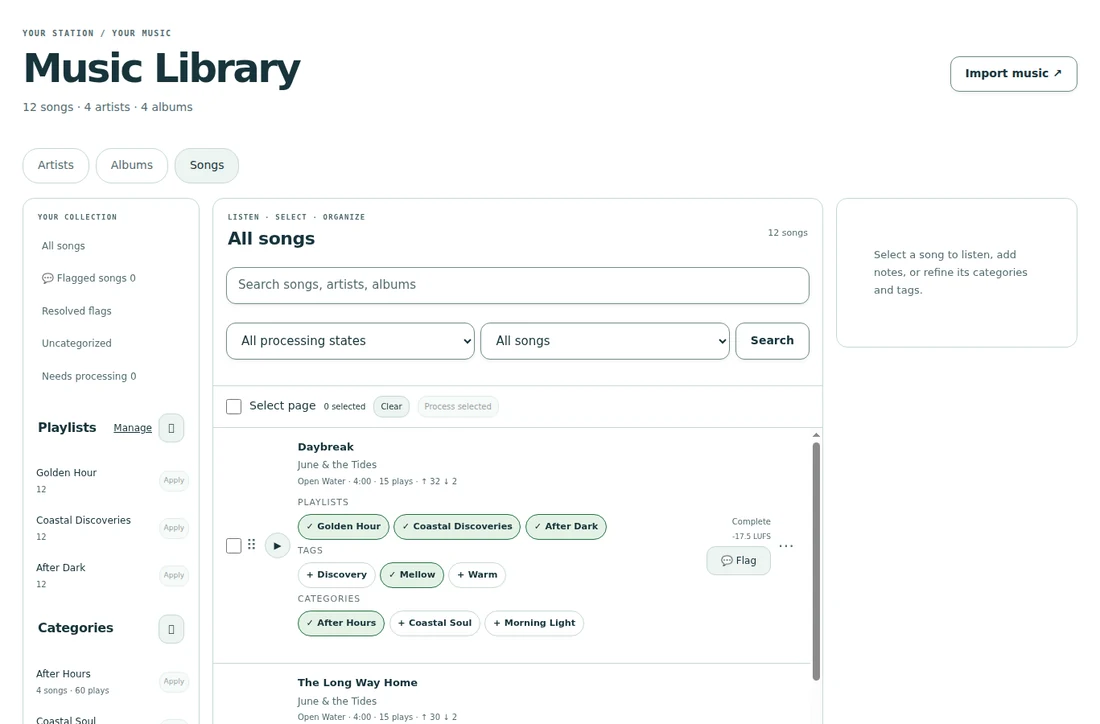 Your music library — A connected Artist → Album → Song catalog, with categories and tags.