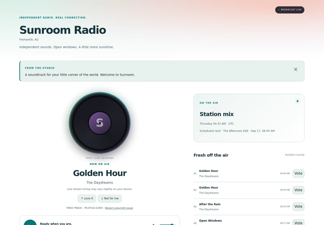 A home for your station — Your cover, your music, your public schedule. A player with its own personality.