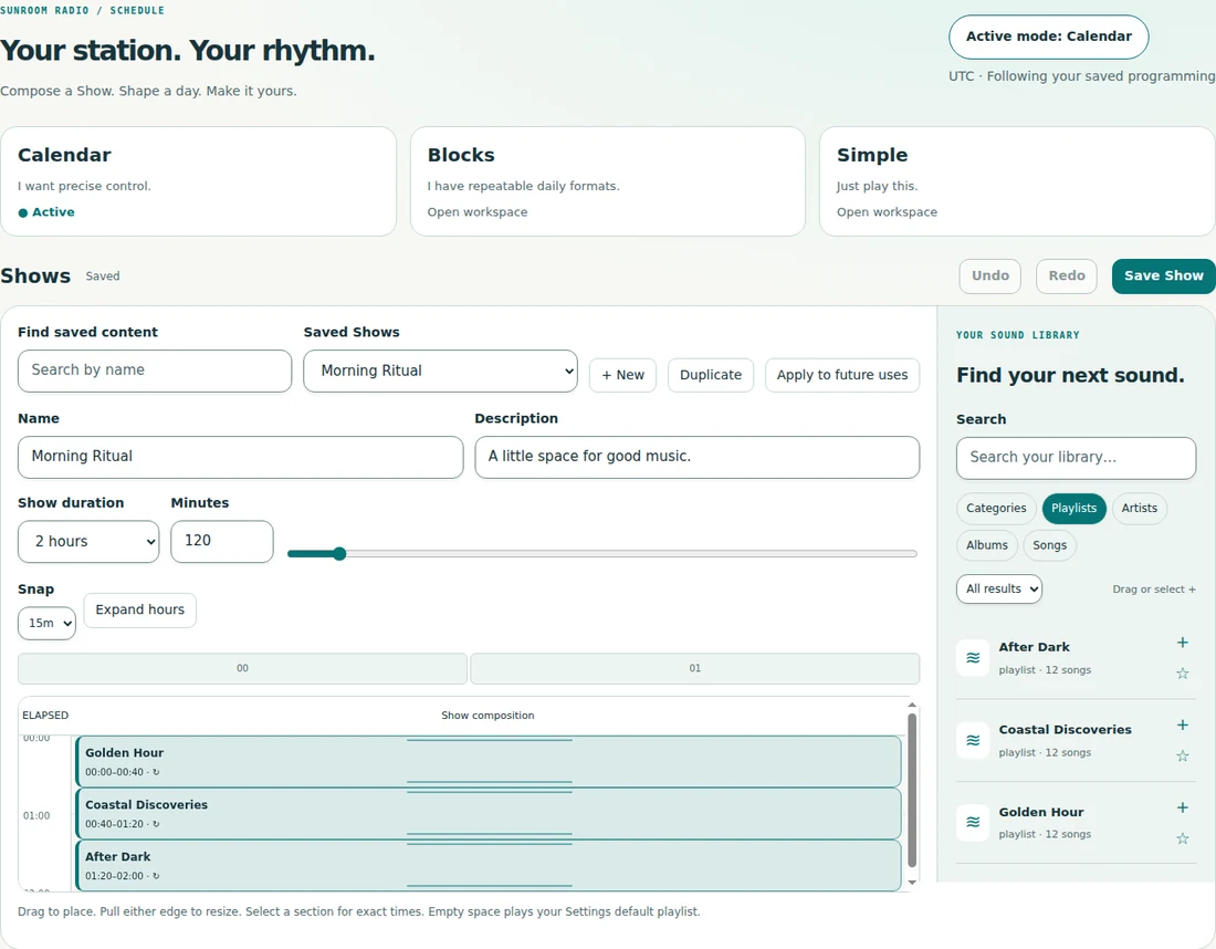 Compose a Show — A reusable timeline of playlists, artists, albums, categories and songs.